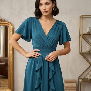 Robe simple à col en V et manches courtes, coupe trapèze, taille élastique, tissu respirant en coton/polyester, fabrication vietnamienne, étiquette personnalisée - Product Image 3
