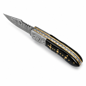 Burraq OEM DIY ODM Handmade Damascus Steel Multi-Functional Pocket Knife Black Handle Gold Dots Leather Sheath Gifts Outdoor Use - Product Image 2