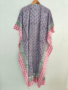 Vintage <b>Boho</b> Floral Block Print Kaftan <b>Dress</b> With Tie Back Loose Fit Short Sleeve Cotton <b>Summer</b> Long <b>Dress</b> - Product Image 5