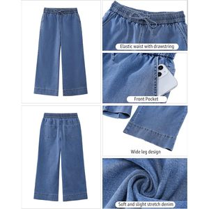 2025 pantalones vaqueros recortados de cintura alta para mujer, pantalones vaqueros elásticos de pierna ancha con cordón en la cintura, pantalones transpirables - Product Image 2