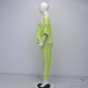 High Quality 100% Cotton Drawstring Rhinestone Distressed Lightweight Breathable Eco-Friendly Neon Green Jersey Oversized <b>Set</b> - Product Image 4