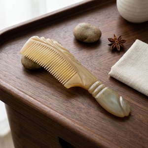 Peine de cuerno de búfalo de dientes grandes, negro y marrón, para peinar el cabello, portátil, hecho a mano, para uso diario de hombres y mujeres - Product Image 2