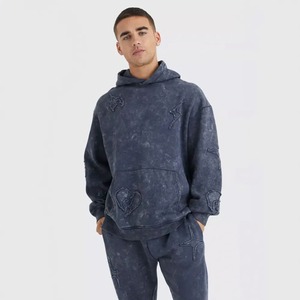Survêtement d'hiver unisexe personnalisé en molleton 100% coton respirant, délavé à l'acide, style streetwear vintage, avec sweat à capuche appliqué et pantalon à jambe large uni - Product Image 4