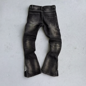 Women's Black Distressed Denim Flare Pants With Flame Embroidery Mid Waist Regular Fit Full Length Casual Autumn Style - Product Image 2