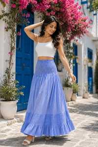 Robe longue d'été pour femme, rayée bleue, taille naturelle élastiquée, smockée, à volants étagés, style décontracté vintage, respirante, écologique, 100% - Product Image 4