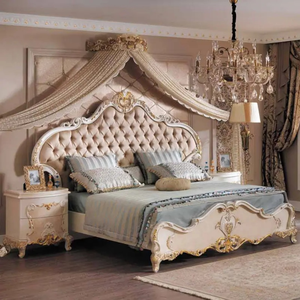 Ensemble de chambre à coucher de luxe en bois d'acajou rose clair, style européen antique, taille King, rembourré et capitonné, livraison gratuite - Product Image 2
