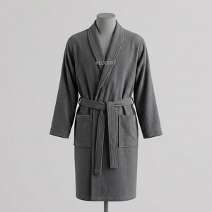 Bata de hombre gris de punto gofrado, manga larga, algodón suave con cinturón y bolsillos, sexy, ecológica, para parejas, de secado rápido, informal, para otoño - Product Image 1