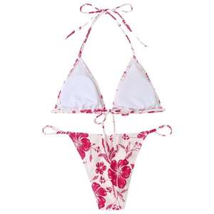 Conjunto de Bikini con Estampado a Cuadros para Mujer, Top Triangular con Cuello Halter, Braguita Tipo Tanga, Traje de Baño Elástico de Dos Piezas, Ropa de Playa Ecológica - Product Image 2