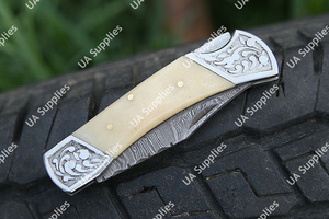 Damascus Steel Razor Sharp Industrial Grade Folding Knife Hand Engraved Camel Bone Handle Leather Sheath OEM/ODM Customizable - Product Image 5