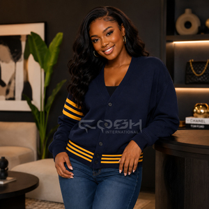 Cosh International Women's <b>Navy</b> Blue V Neck Knitted <b>Cardigan</b> Long Sleeve Casual Solid Color Contrast Stripe Design Full Sleeve - Product Image 3
