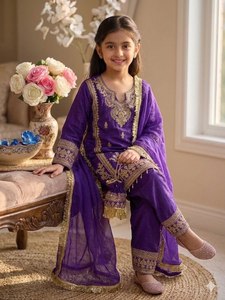 Ensemble palazzo en soie brodée GMY Premium pour filles avec dupatta |   Tenue ethnique pour enfants avec motifs de codes complexes - Product Image 3