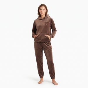 Ensemble de survêtement deux pièces en velours personnalisé pour femme, vente en gros, sweat à capuche coupe classique, pantalon de jogging avec poche kangourou, tenue décontractée d'hiver - Product Image 1