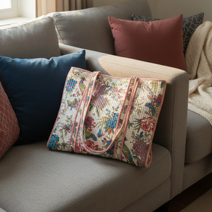 Bolso Tote de Algodón Acolchado con Estampado Floral, Diseño Profesional, Color Beige, con Ribete en Contraste, el Mejor Bolso para Mujer - Product Image 5