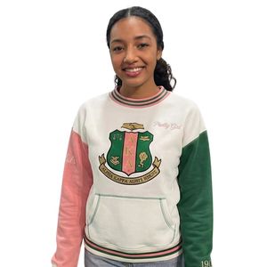 Sudadera de Cuello Redondo con Bloques de Color Rosa Crema y Verde para Mujer, Sudadera Gráfica de Manga Larga, Estilo Casual y Preppy - Product Image 1