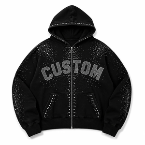 Sweat-shirt à capuche personnalisé avec strass pour homme, style streetwear oversize, noir, zippé, logo frontal, en molleton tricoté, coupe classique, automne - Product Image 1