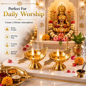 Golden Decorative Brass Diya Traditional <b>Oil</b> <b>Lamp</b> for Puja Mandir Home Temple Office Diwali Ganesh Chaturthi Housewarming - Product Image 5
