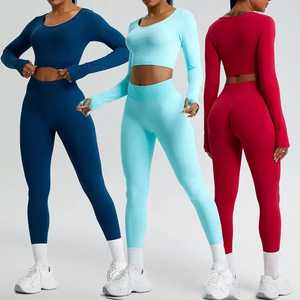 Custom Yoga Set Long Sleeve Scoop Neck Crop Top with Thumbholes & High Waisted Scrunch Booty <b>Leggings</b> Gym Activewear - Product Image 1