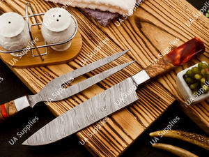 Lot de 2 couteaux de chef et fourchettes en acier Damas forgé à la main, pour découper le brisket, découpeur-trancheur pour barbecue extérieur, manche en bois d'olivier, OEM, faibles MOQ - Product Image 3