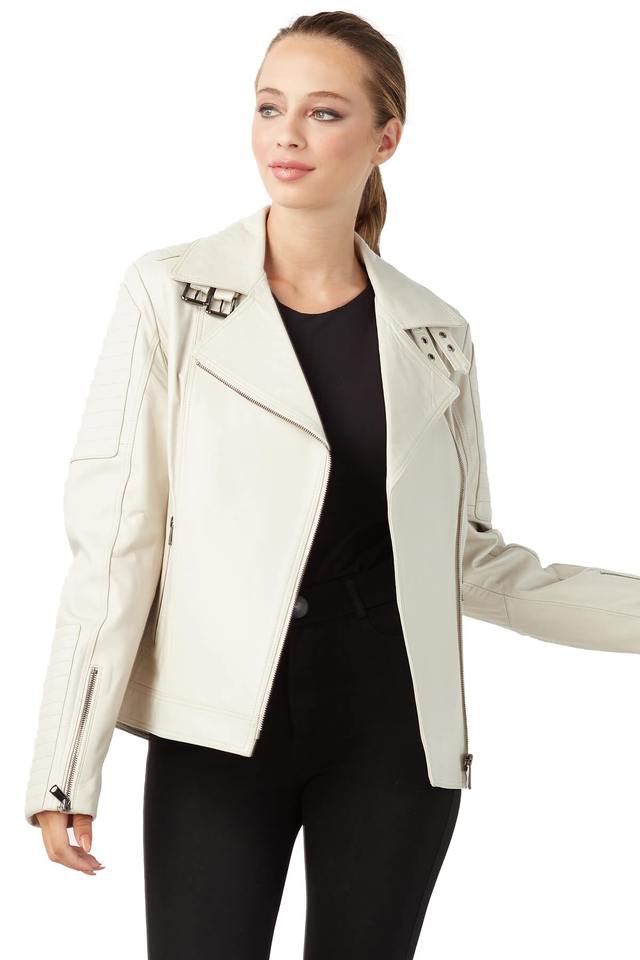 Top Sale Women's White Motorcycle Genuine Goat Skin Asymmetrical Jacket with Stylized Lapel Collar