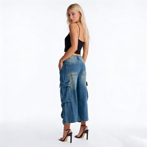Jean en denim uni à taille mi-haute, coupe ample, jambe large, délavé, léger et confortable en coton, idéal pour l'hiver - Product Image 6
