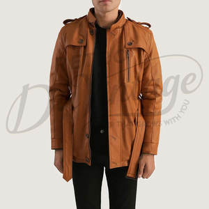 เสื้อแจ็คเก็ตหนังแท้สีส้มแทนสำหรับผู้ชาย สไตล์ซาฟารี อุ่นสบายสำหรับฤดูหนาว มีเข็มขัด ทรงเข้ารูป กระเป๋าหลายช่อง เสื้อคลุมลำลอง - Product Image 6