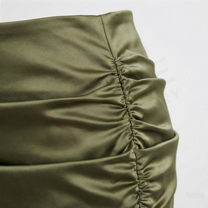 Women's Olive Green Satin Ruched Bandage Mini <b>Skirt</b> High Waist Shiny Solid <b>Short</b> <b>Skirt</b> - Product Image 5