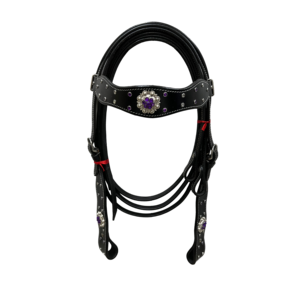 ชุดหูฟังหนังม้าสีดำพรีเมี่ยมพร้อมคริสตัลสีม่วง Conchos อุปกรณ์สแตนเลสและทองเหลือง - Product Image 1