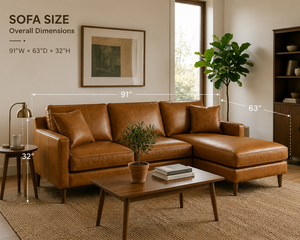 Mid Century Modern Cognac Leather L Shape <b>Sofa</b> Set Loveseat Detached Chaise Lounge for Relaxing After Work or Movie Nights - Product Image 2