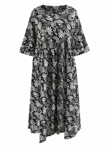 Black White Floral Print Midi <b>Dress</b> V Neck Long Sleeve Fit and Flare Casual Party <b>Dress</b> - Product Image 5