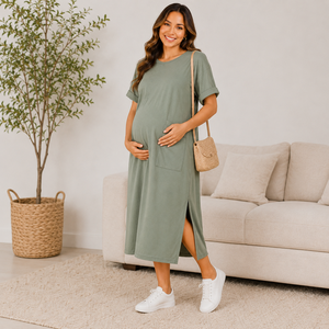 Robe de nuit de maternité en coton et polyester, longueur mi-mollet, manches courtes, col rond, couleur unie, respirante, coupe ample - Product Image 1