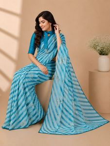 Luxury Sky Blue Georgette <b>Saree</b> For Women Striped Print Bollywood Style Sarees With Unstitched <b>Blouse</b> Piece Indian Festive Party - Product Image 3