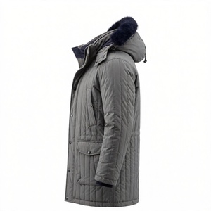 <b>Men's</b> Gray Hooded Quilted Puffer <b>Jacket</b> <b>Long</b> Thick Polyester Autumn Waterproof Sporty Casual Zipper Closure - Product Image 5