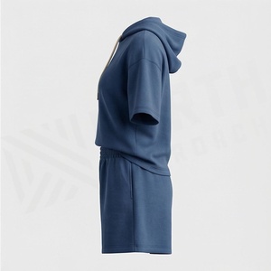 Conjunto de 2 Piezas para Mujer, Sudadera con Capucha y Pantalones Cortos, Color Sólido, Manga Corta, Corte Holgado, Informal, de Algodón, Sudadera y Pantalones Cortos por Encima de la Rodilla, Primavera Verano - Product Image 3
