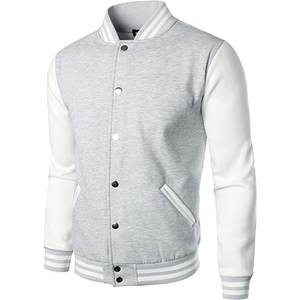 <b>Men's</b> Gray <b>White</b> Varsity <b>Jacket</b> Solid Color Button Up Casual Autumn Baseball Style Turn-down Collar Regular Fit - Product Image 2