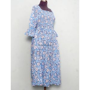 Nuevo Vestido Azul de Verano, Largo, Cuello Cuadrado, Casual, Tejido de Algodón, Mangas Campana, Silueta en A, Estampado Boho, para Fiesta - Product Image 5