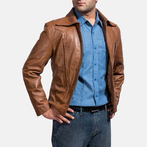 Men's Genuine Leather Jacket Turn-down Collar <b>Covered</b> <b>Button</b> Solid Color Autumn Wear Casual Style Regular Fit Customized Front - Product Image 5