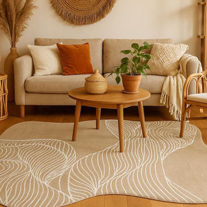 Tapis d'intérieur en laine et soie tufté à la main, forme irrégulière beige abstraite ondulée, tapis design pour salon, décoration intérieure - Product Image 1