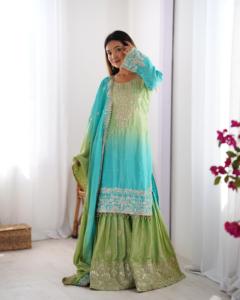 Traje Salwar Kameez de seda Chinon indio-pakistaní con bordados elaborados, elegante atuendo para bodas y fiestas, ropa festiva para mujeres. - Product Image 3