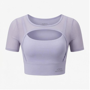North Approach Scoop Neck Crop <b>Top</b> Short Sleeve Cut-Out Sheer <b>Layer</b> Solid Yoga Wear - Product Image 1