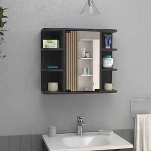 Armadietto Portamedicinali Milano con Sei Ripiani Esterni e Specchio, Finitura Nero Wengue, Mensole per Bagno - Product Image 5