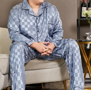 Nightwear Knitted Soft Summer Lapel Collar Long Sleeve Pants <b>Cardigan</b> Pajamas Room Lounge Wear for Fat Men - Product Image 3