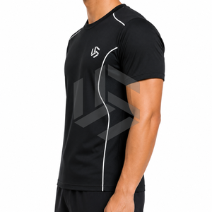 T-shirt formel à manches courtes noir pour homme avec rayures blanches, séchage rapide, coupe ample, col rond, en polyester tricoté - Product Image 4
