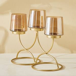 Porte-bougie à 3 bras en métal doré avec verre ambré décoratif - Product Image 3
