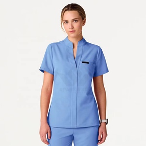 Women's Medical <b>Scrub</b> Set Mandarin Collar Short Sleeve Top Stretch Pants Breathable Nurse Healthcare Hospital <b>Work</b> Uniform - Product Image 1