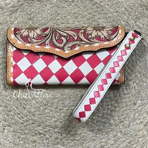 Portefeuille-pochette vintage 2026 en cuir de vachette véritable fait main, motif floral et à carreaux, style western pour femme - Product Image 1