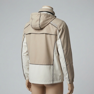 <b>Men</b> Beige <b>Cream</b> Color Block Hooded Windbreaker <b>Jacket</b> Full Zip Outdoor Sports <b>Jacket</b> with Multiple Zip Pockets - Product Image 4