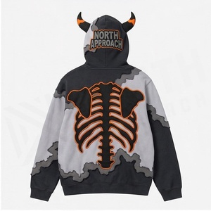Sudadera con capucha extragrande para hombre North Approach con estampado de esqueleto y cuernos, diseño streetwear, negro, gris, naranja - Product Image 2