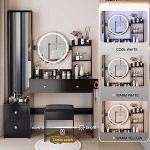 Specchio a Figura Intera con Armadietto, Tavolo da Trucco LED, Sgabello Imbottito, 2 Prese AC, 2 Porte USB, Stazione di Ricarica, Specchio LED da 17 Pollici di Diametro, Vanità per il Trucco - Product Image 4