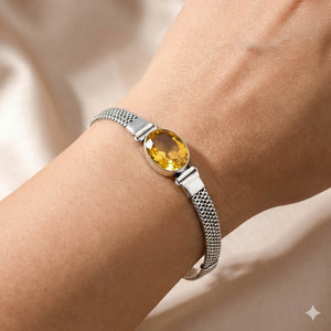 สร้อยข้อมือเงินแท้ 925 ชุบโรเดียม งานแฮนด์เมด ประดับเพชรทรงรีแบบโบฮีเมียน คริสเตียน สำหรับผู้หญิง พร้อมพลอยซิทริน รูปทรงวงรี เหมาะสำหรับเป็นของขวัญ - Product Image 1