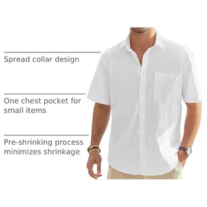 Chemise décontractée blanche à manches courtes pour homme, col boutonné, respirante, en lin/coton Dobby écologique, couleur unie, fermeture boutonnée sur le devant, idéale pour l'été - Product Image 5